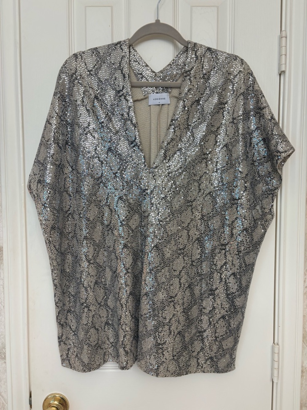 Adrienne Metallic Snake-Print V-Neck Tunic in Silver and Tan